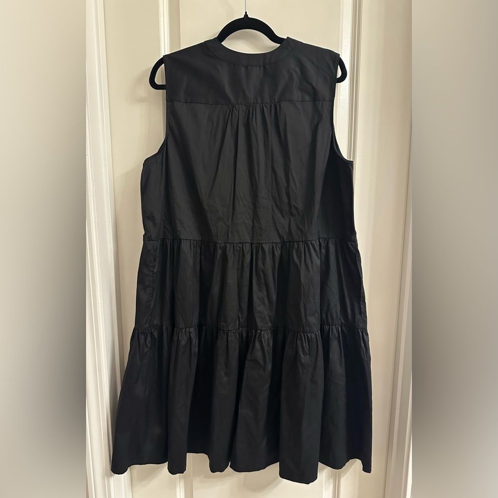 Chico’s Poplin Smocked Midi Dress SZ 3 US 16 Sleeveless Split Neck Pocket Black - Picture 3 of 10